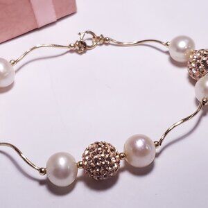 Estate Natural 9mm Freshwater Pearl &Ball 14Kt YG&Rose Snake Chain Bracelet23862